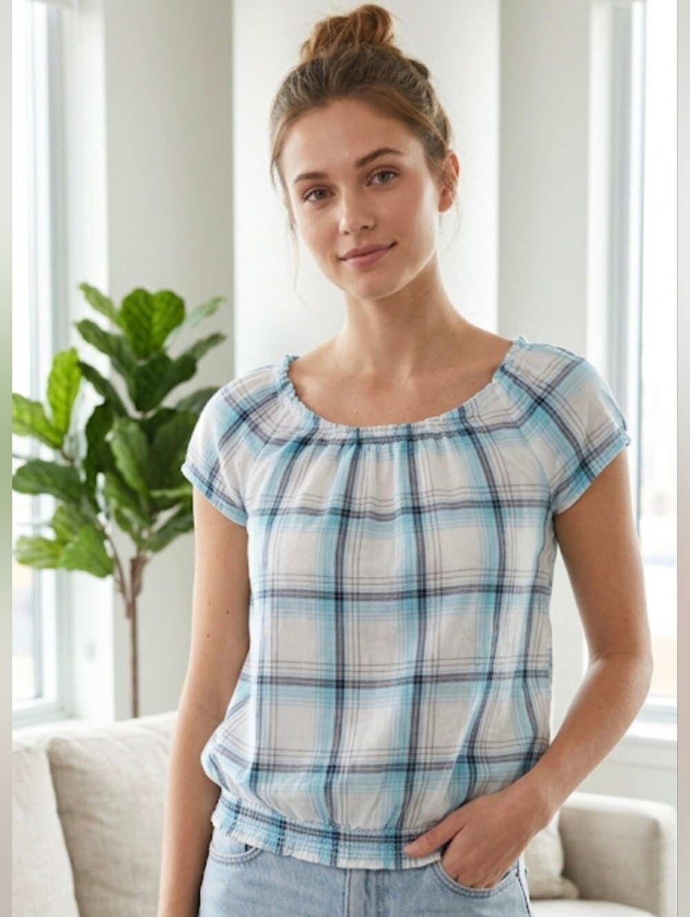 Faded Glory Blue Plaid Elastic Waist Short Sleeve Top Size Medium